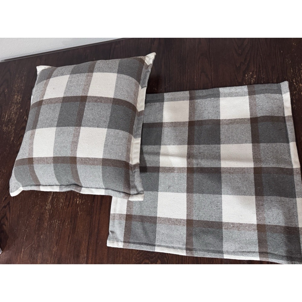 Gray Brown Plaid Throw Pillow Set (2 Covers, 1 Pillow) Cabin Decor Set 22x22